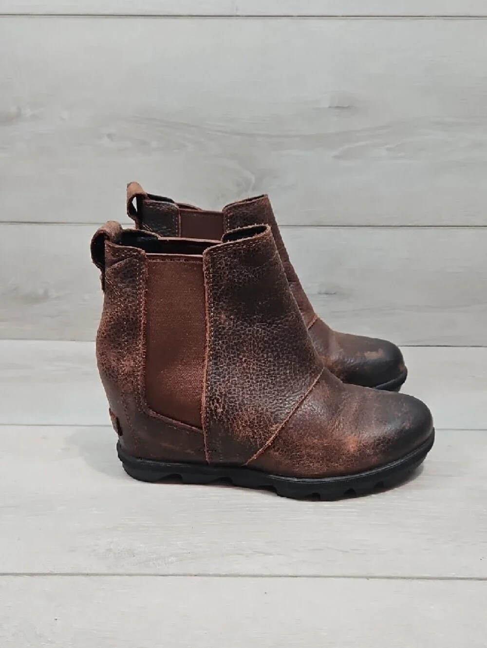 Sorel Brown Leather Chelsea Wedge Ankle Boots